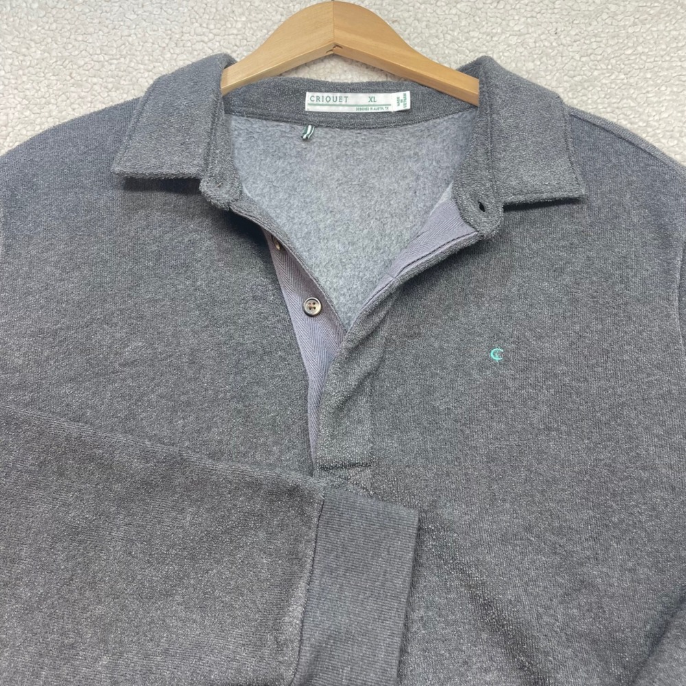 Criquet Pullover Mens XL Grey Fleece Polo Sweatshirt Long Sleeve Logo Button